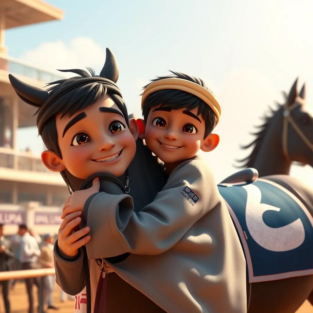 A young Arab boy, خالد, with short black hair, wearing a traditional dishdasha, hugging the black horse named فزاع after winning the race, sunny day, happy atmosphere, warm colors, victory celebration