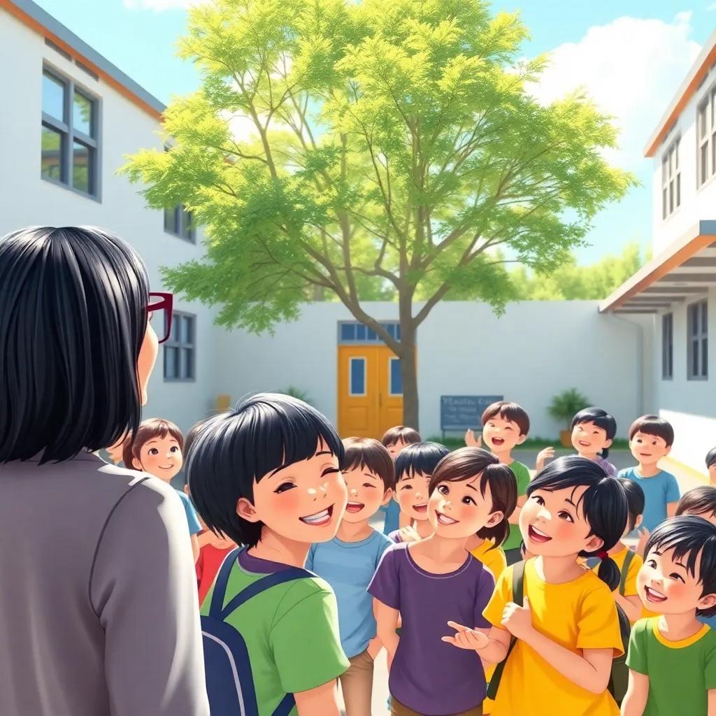 A sunny morning in a school courtyard, children gathering excitedly with bright smiles, a teacher with short black hair wearing glasses, announcing a field trip, digital art, cheerful, vibrant colors, inviting atmosphere, high quality