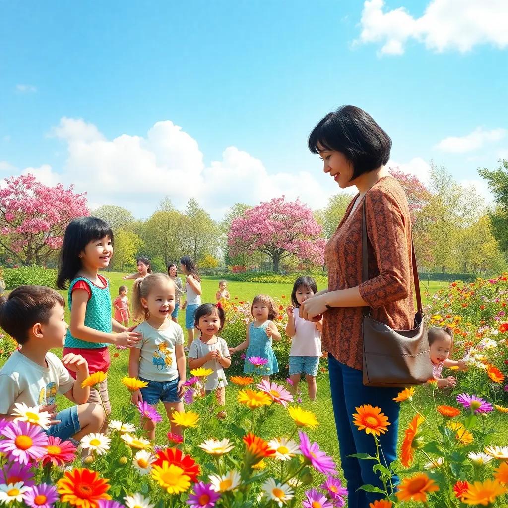 A colorful family park filled with children playing, flowers blooming everywhere, a teacher with short black hair discussing with children, bright blue sky, cheerful scene, digital painting, warm daylight, high quality