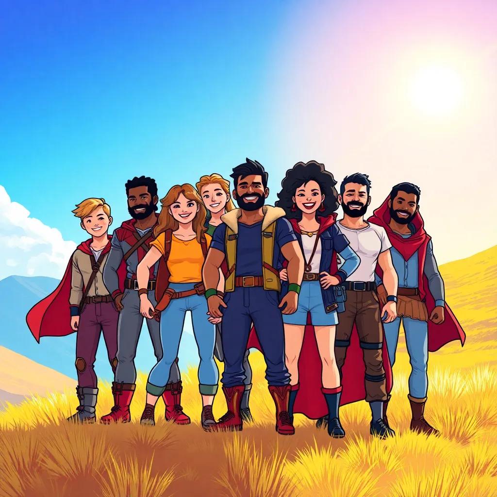 A group of brave heroes, diverse in ethnicity, standing together on a bright hillside, with smiles on their faces and hands joined together, vibrant sunlight and a blue sky in the backdrop, feeling united and strong, illustration, cheerful, uplifting, team spirit