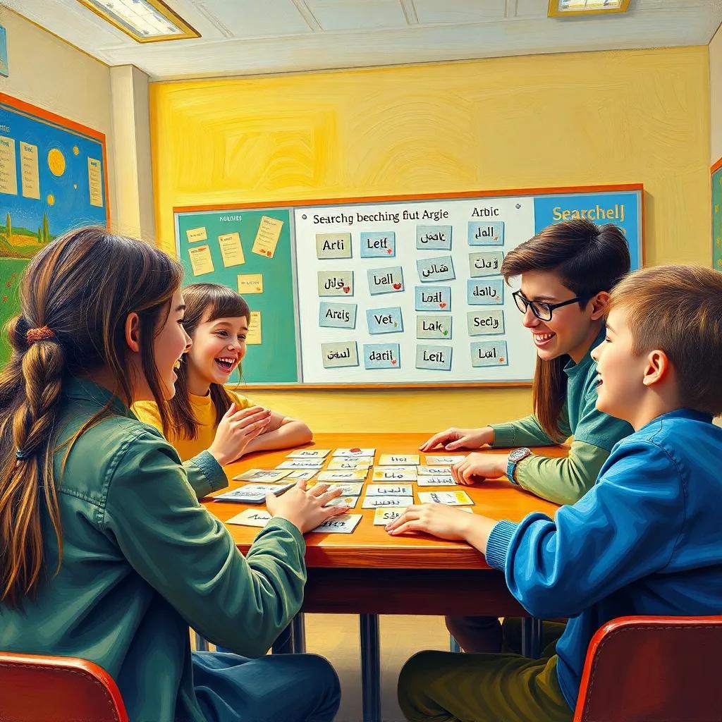 Students joyfully playing a word game in the classroom, searching for Arabic words in pictures, laughter and excitement in the air, bright colors, lively classroom scene, collaborative learning