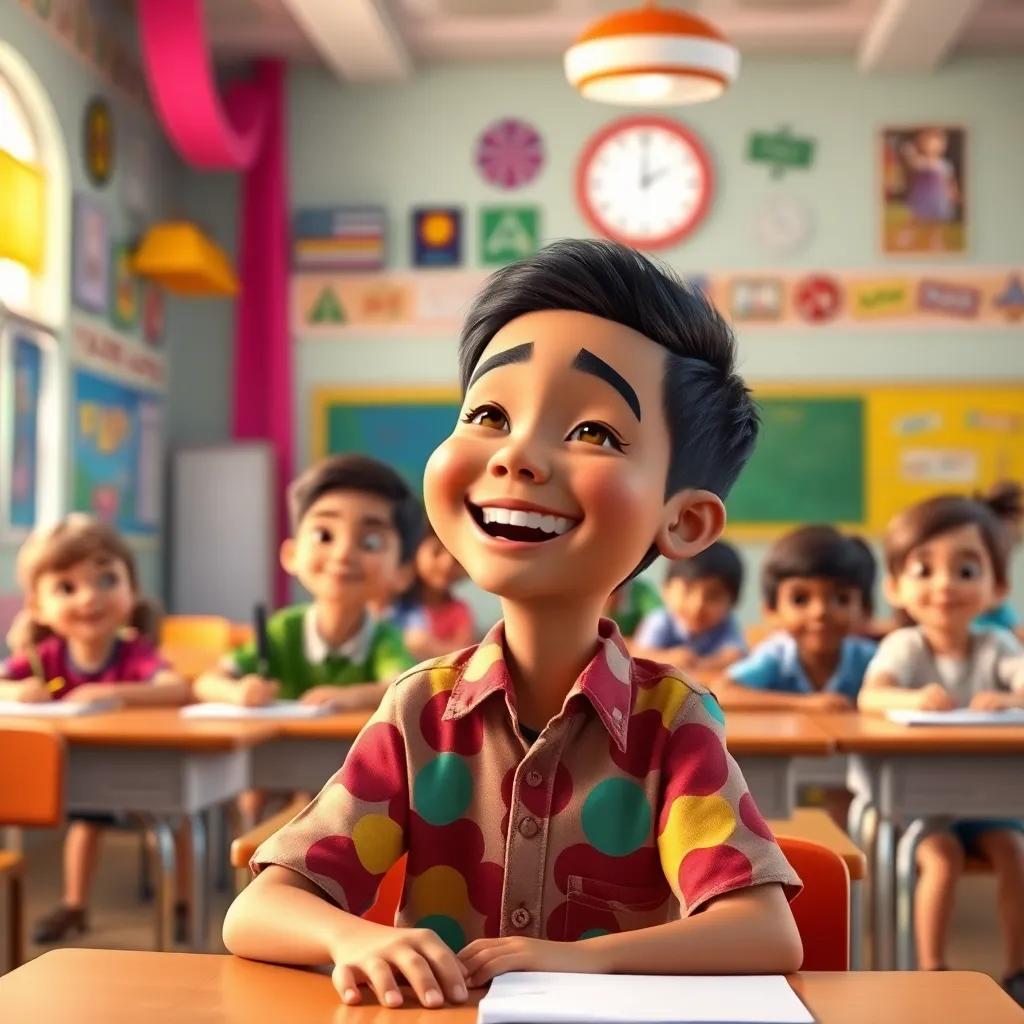 A lively classroom with children sitting at their desks, Sulaim, a cheerful young boy with short hair and a colorful shirt, laughing with friends, bright and colorful decor, digital art, cheerful atmosphere, engaging scene, high quality
