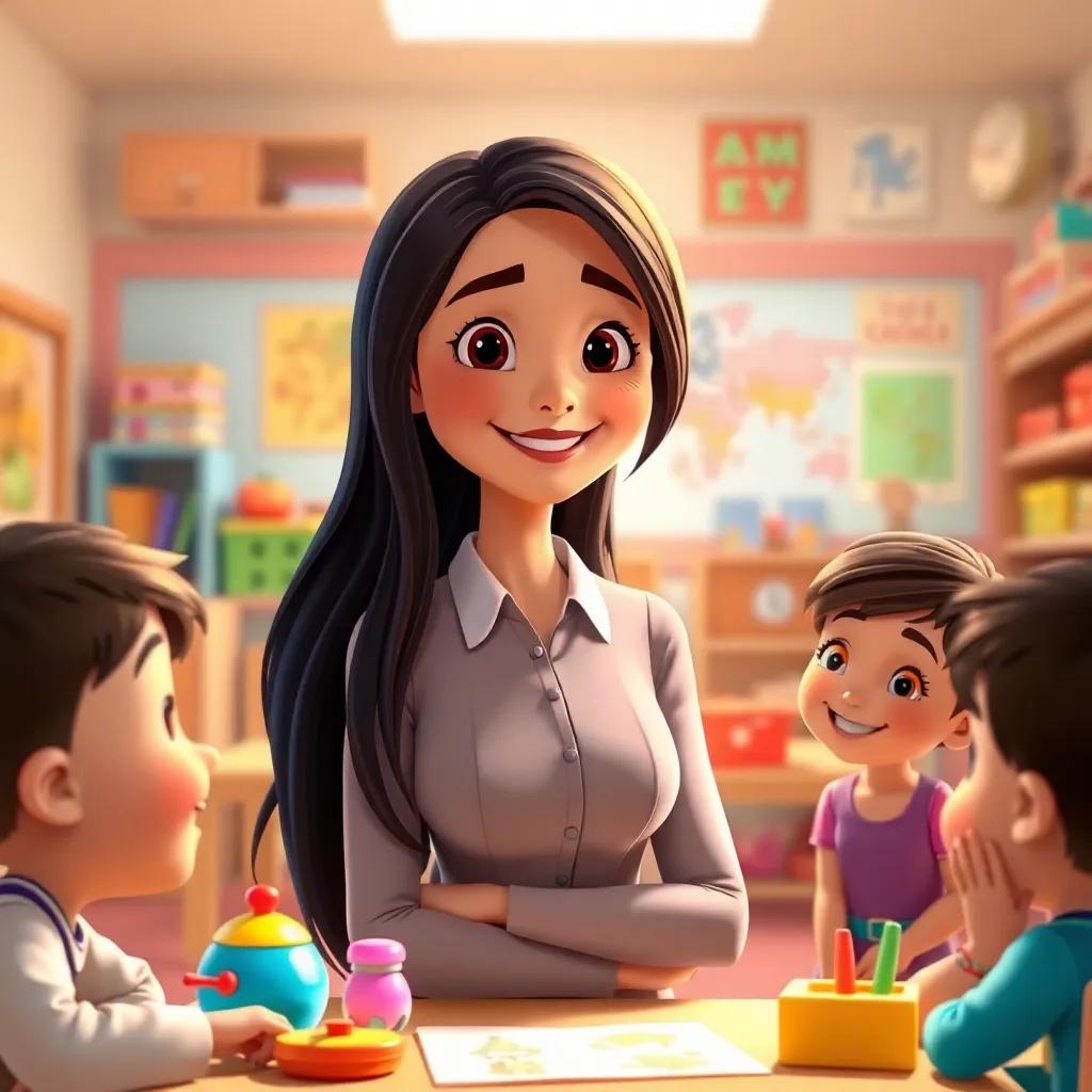 Ms. Manar, a kind-looking teacher, with long dark hair wearing a professional dress, smiling at her students, surrounded by toys and educational materials, warm light, inviting classroom, vibrant colors, heartwarming scene, high quality