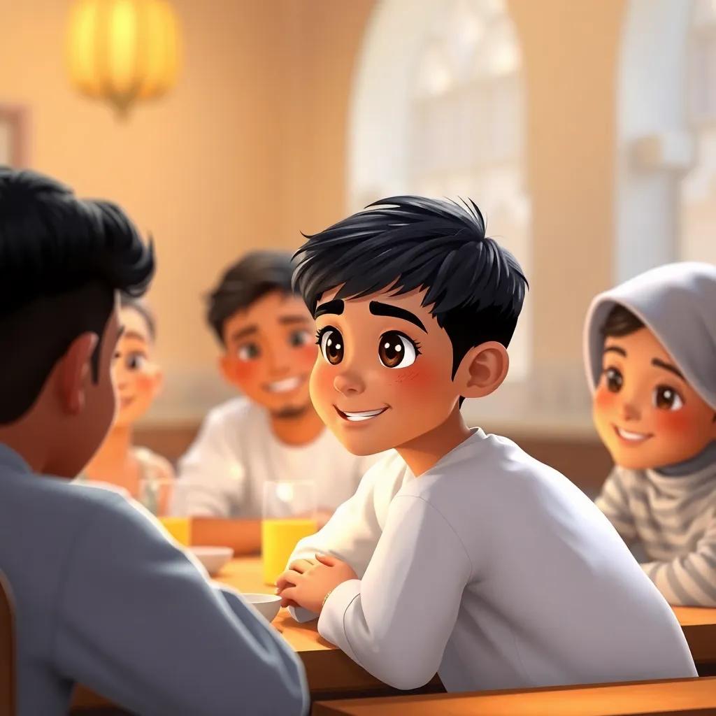 A young Arab boy, Ahmad, with short black hair, wearing a traditional white thawb, sitting at a table with friends, discussing the importance of Ramadan, warm light, cheerful atmosphere, digital art, high detail