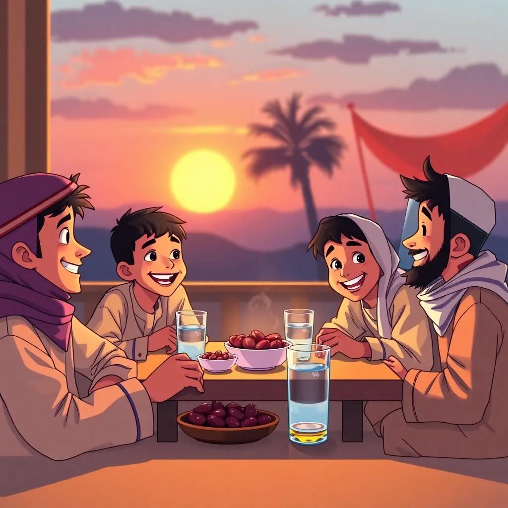 A group of young Arab boys sitting together at a table, breaking their fast with dates and water, smiling and laughing, sunset light, cozy and friendly environment, illustration, vibrant colors