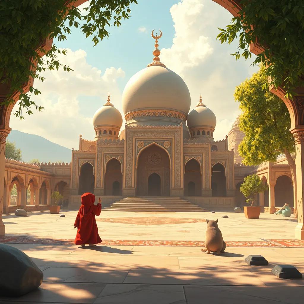 الشيخ المسن، ذو لحية بيضاء طويلة، مبتسم، يجلس مع علي في مكان هادئ، يحسب الأذكار بصوت واضح، نباتات ملونة من حولهم، جو من السكينة والهدوء