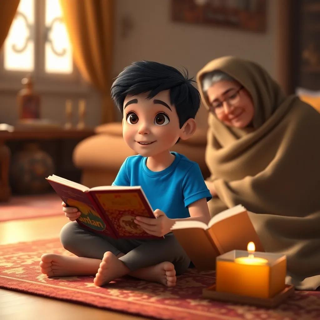 A young Arab boy, Sami, with short black hair, wearing a bright blue t-shirt, sitting on a cozy rug, listening to his grandmother tell stories about Ramadan, warm light, inviting atmosphere, detailed, storytelling scene