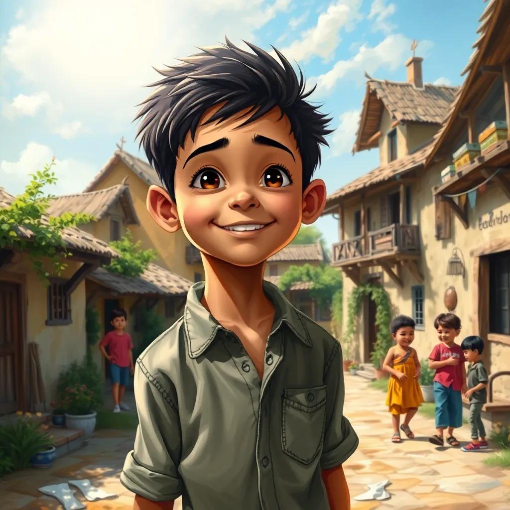 A small village with traditional houses, a curious boy named Omar, with short dark hair wearing a casual shirt, standing outside with friends playing, joyful atmosphere, bright colors, lively scene, happy vibe, warm sunlight