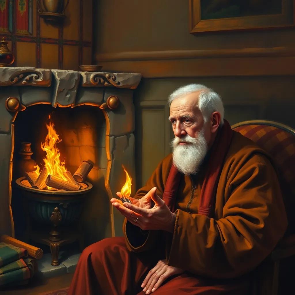 An old wise man, Omar's grandfather, sitting next to a warm fireplace, holding an ember away from others, with a thoughtful expression, rich colors, cozy interior, storytelling moment, heartwarming allure