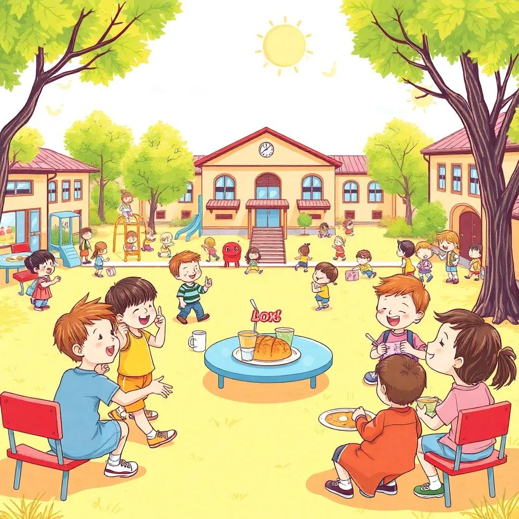 A school playground filled with children playing and having breakfast, sunny day, colorful playground equipment, laughter in the air