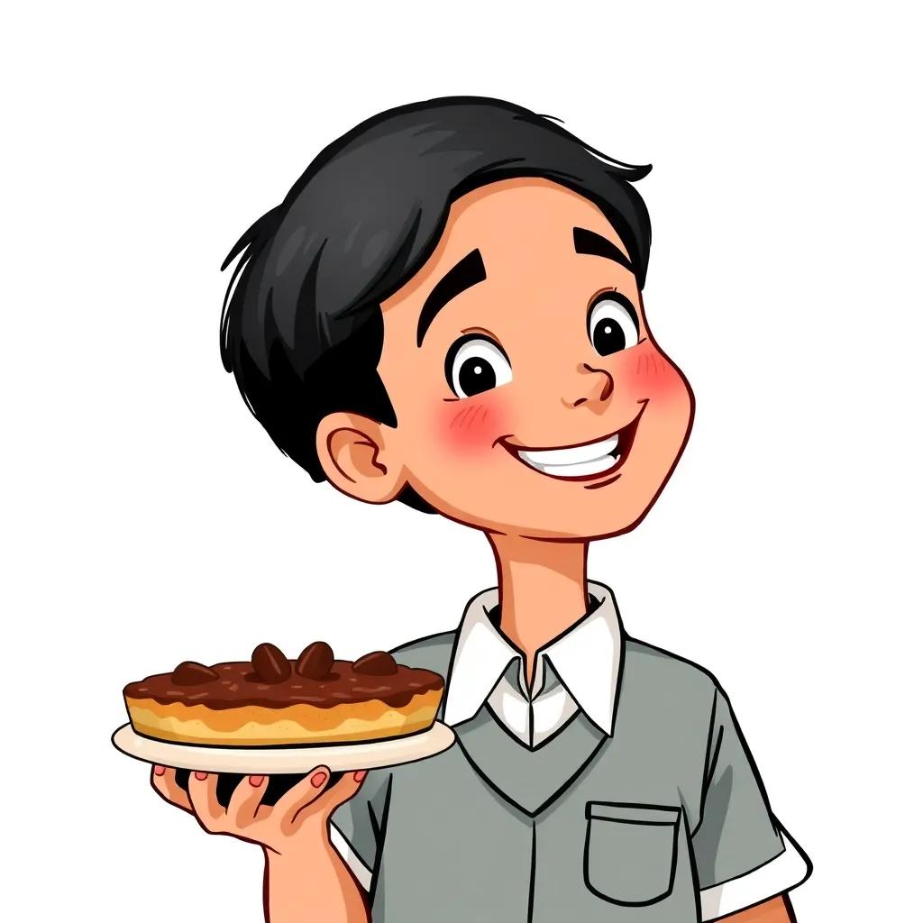A young Arab boy, Ahmed, with short black hair, wearing a school uniform, holding a chocolate pie and smiling, bright colors, joyful atmosphere