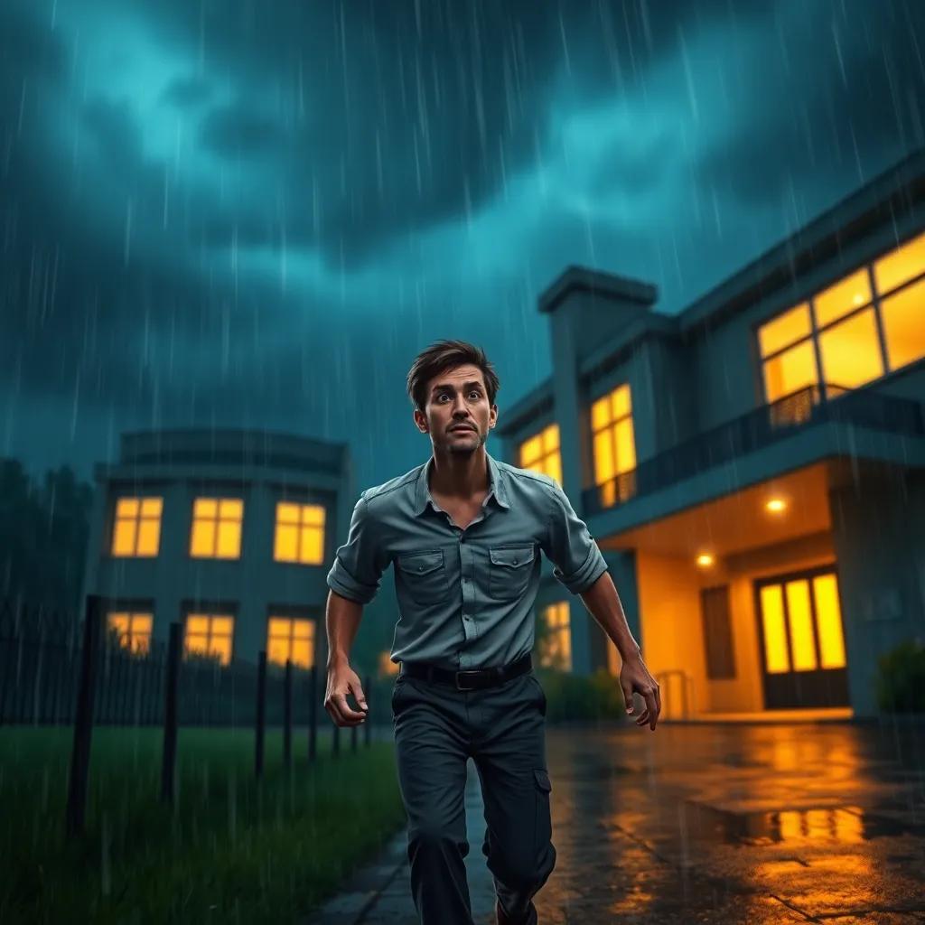 A stormy night with heavy rain, a worried man from the countryside, dressed in simple clothes, rushing into a hospital, digital art, dark and moody colors, dramatic lighting, warm glow from the hospital's windows, high quality