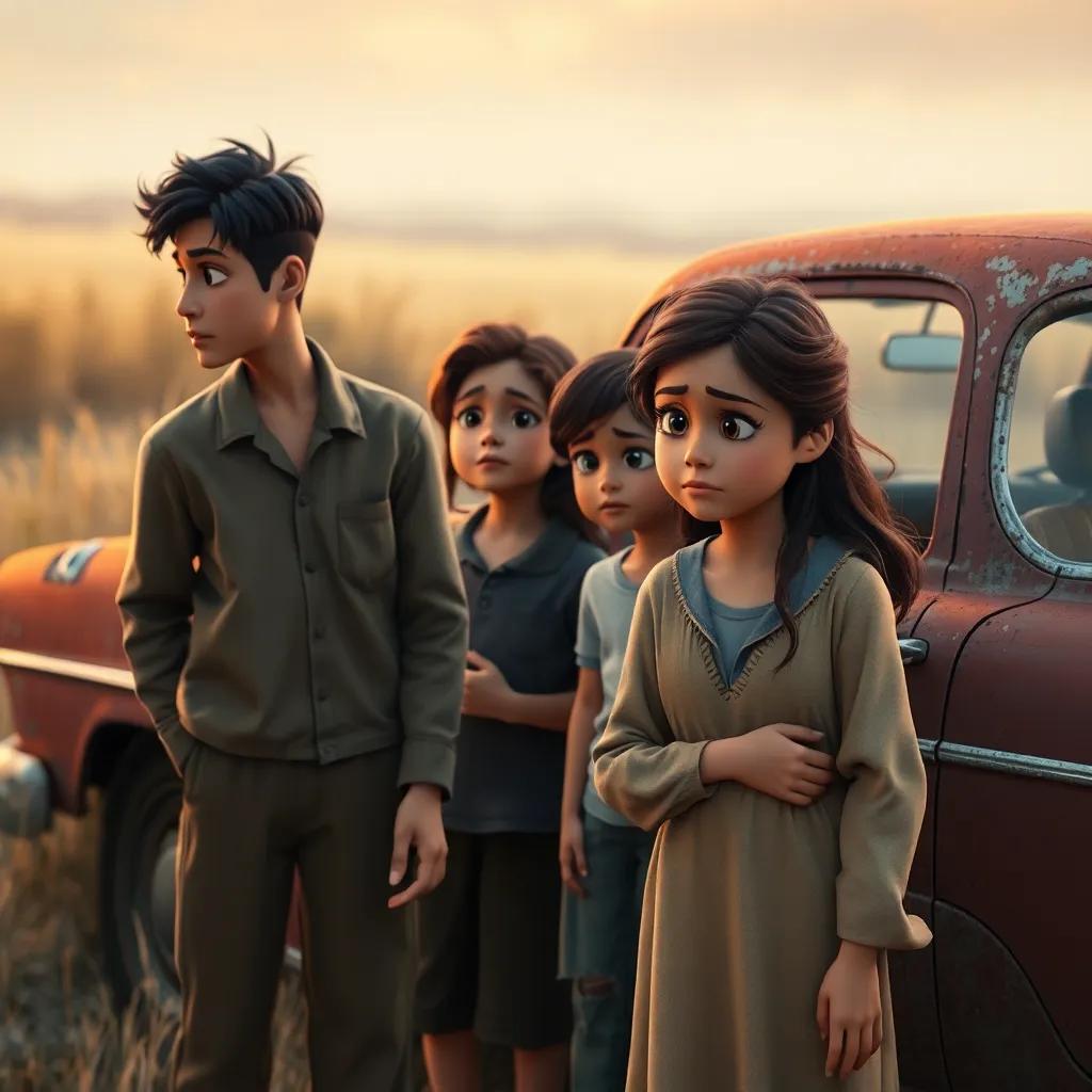 A family standing beside an old car, crying, depicting sadness and desperation; a woman’s face reflects sorrow. Digital art, warm tones, gentle lighting, emotional atmosphere, high quality