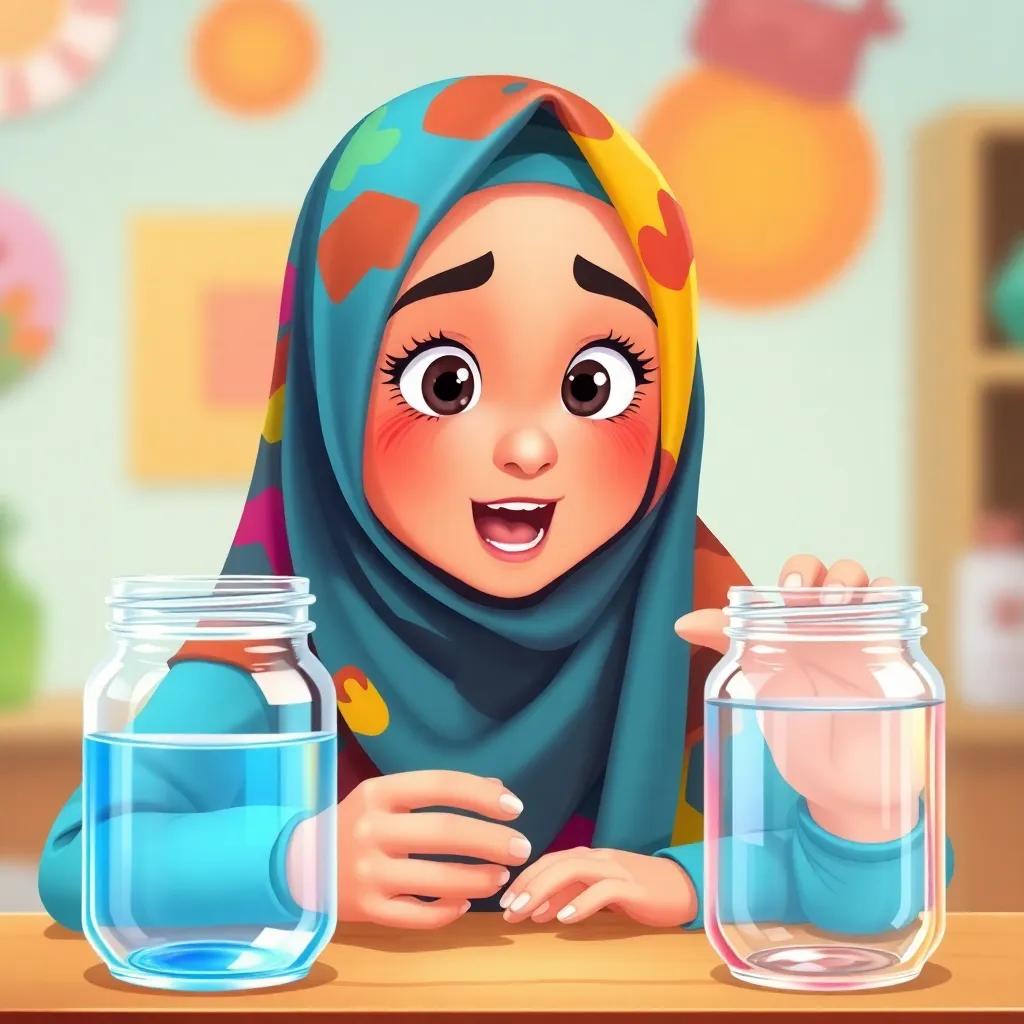 Faheema, a 15-year-old Arab girl in a colorful hijab, conducting an experiment with two glass jars, one covered with plastic, observing the heat difference, excited expression, bright and inviting background, illustration, educational, child-friendly