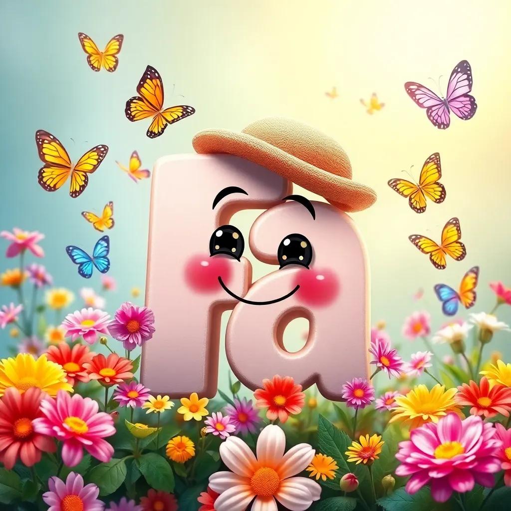 A friendly letter 'Fa', smiling, wearing a small hat, surrounded by colorful flowers and dancing butterflies, digital art, bright colors, cheerful atmosphere, high quality
