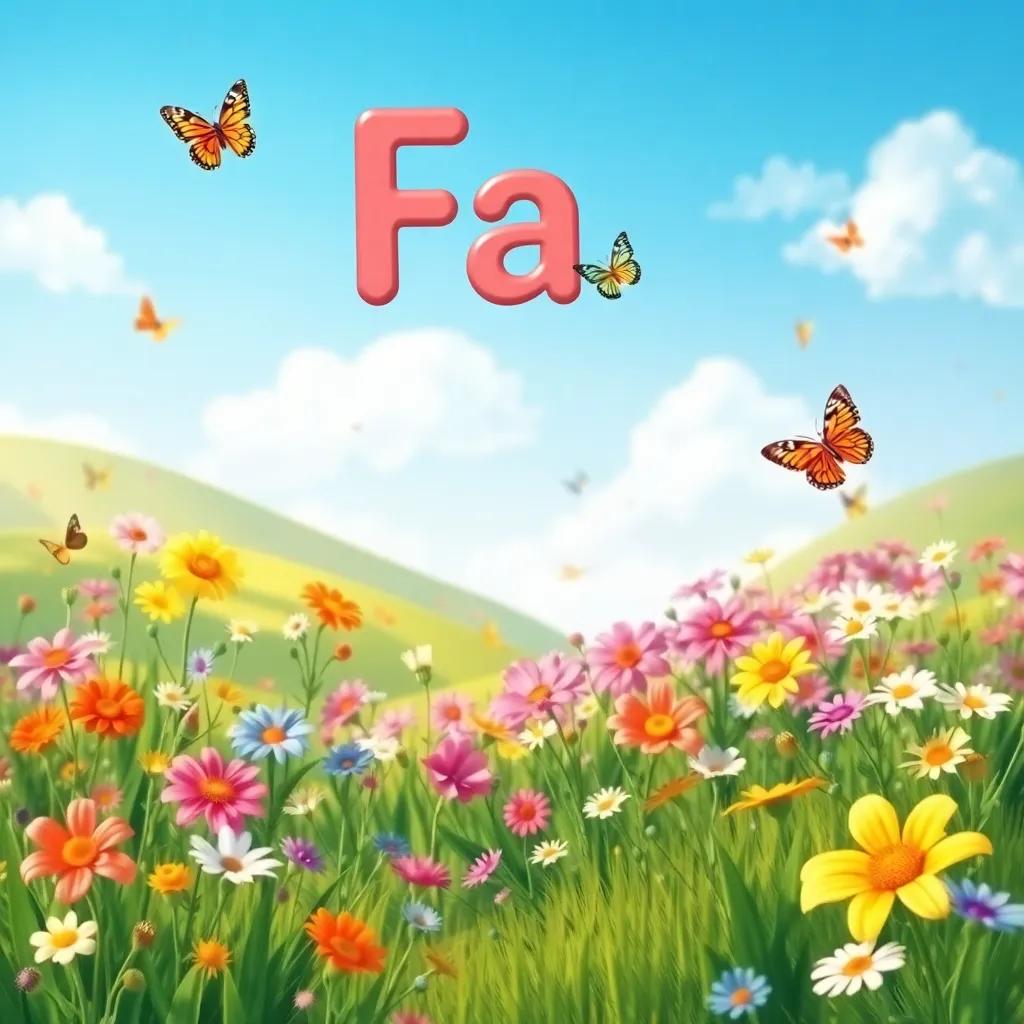 A beautiful spring landscape with colorful flowers and butterflies, the letter 'Fa' floating above, illustration, vibrant, charming, warm sunlight, joyful scene, child-friendly