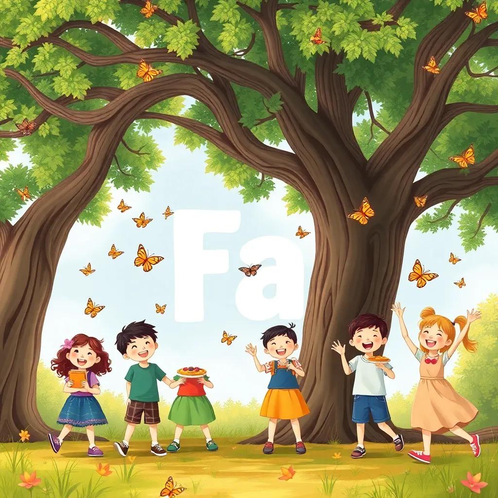 A group of cheerful children playing under a tall tree, holding fruit pies and chasing butterflies, the letter 'Fa' in the background, illustration, lively, colorful, inviting