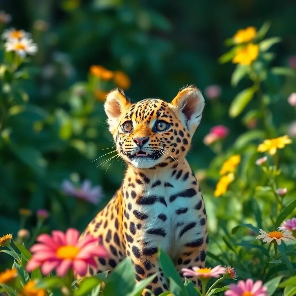 A proud young leopard named 'Fahd' in a green garden, looking around with excitement, surrounded by flowers, digital painting, natural colors, sunny day, playful and energetic