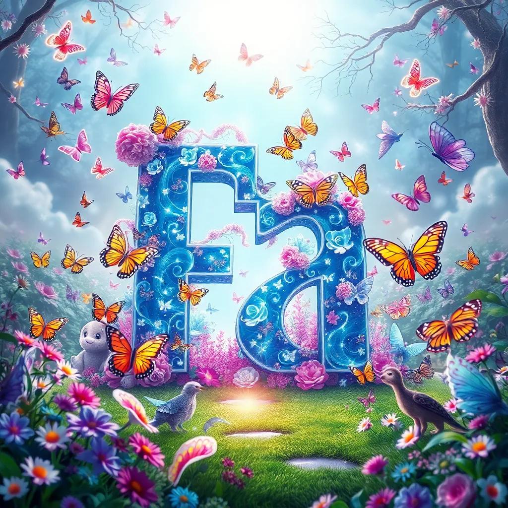 The letter 'Fa' in a dreamy kingdom, surrounded by colorful butterflies and magical creatures, light illuminating the scene, enchanting, fantasy art, high quality