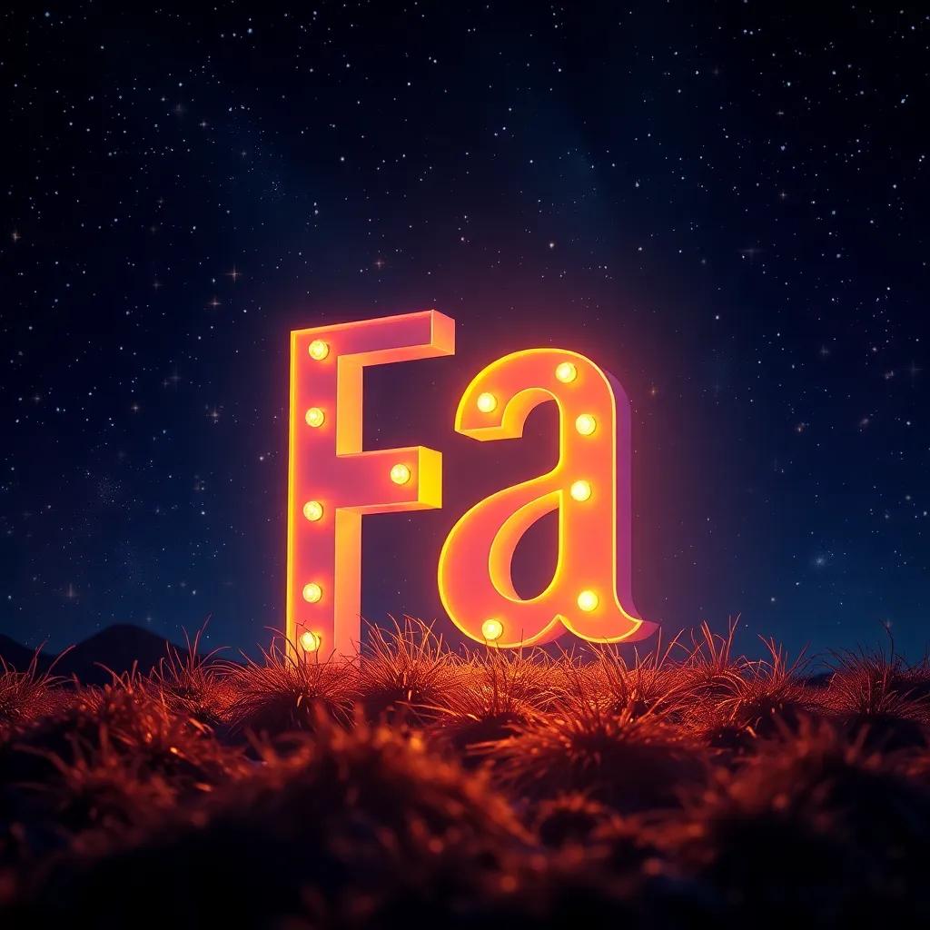 A night scene with the letter 'Fa' glowing, surrounded by twinkling stars and soft whispers of nature, magical and serene, colorful, warm lighting, dreamlike quality
