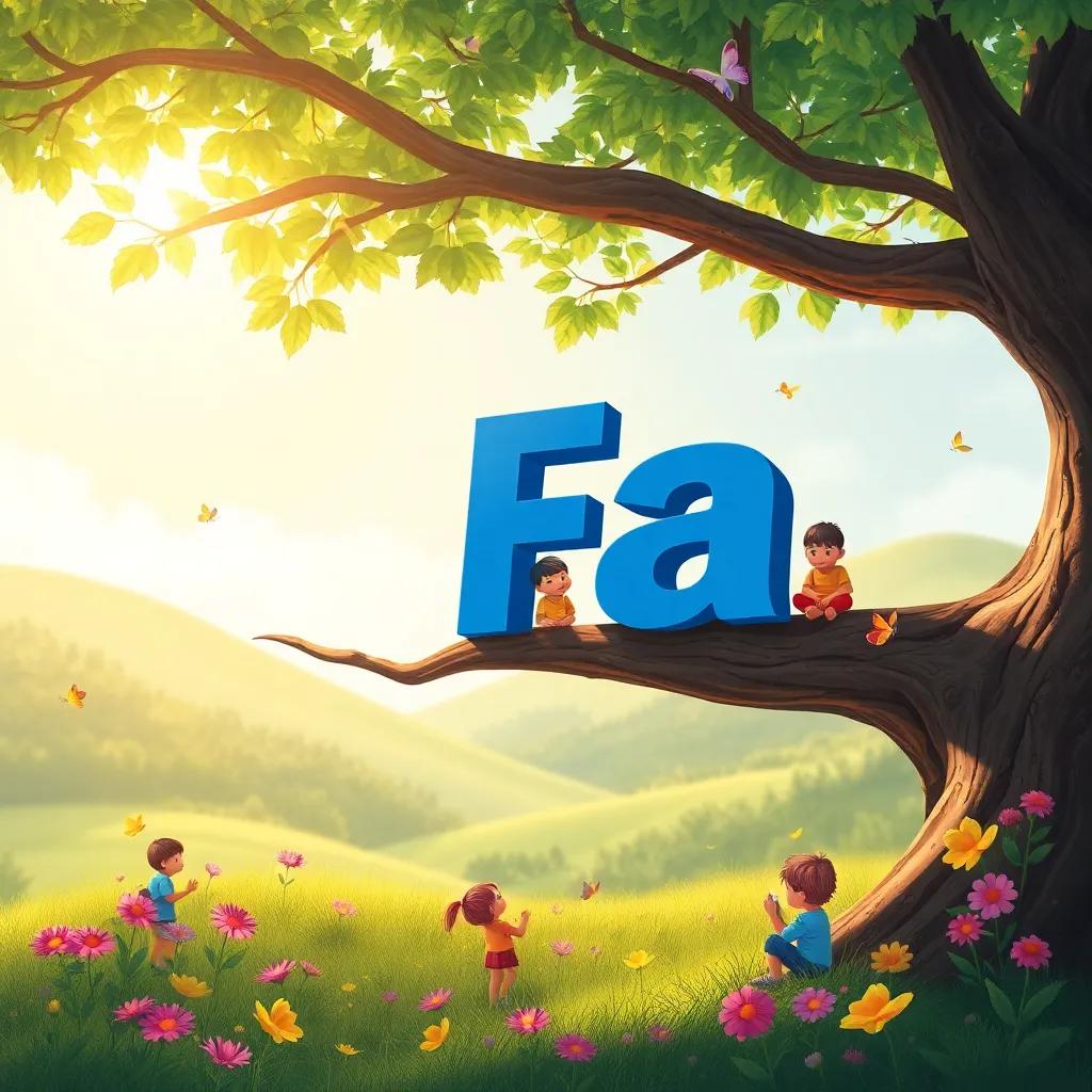 The letter 'Fa' sitting on a tree branch, watching children and butterflies play beneath, with bright sunlight, joyful landscape, illustration, charming and vibrant, child-friendly
