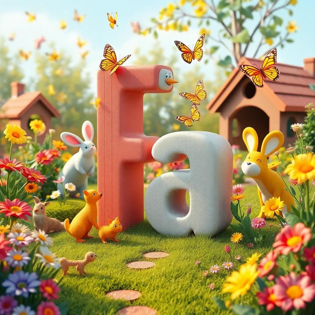 A whimsical garden where the letter 'Fa' interacts with friendly animals and fluttering butterflies, colorful, fun, warm and inviting atmosphere, high quality