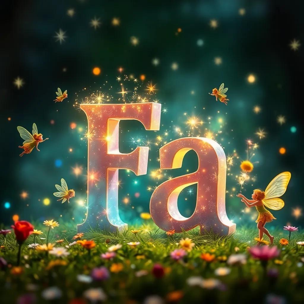 A magical scene with the letter 'Fa', surrounded by playful fairies and gathering bright colors into the air with sparkles, enchanting, detailed, playful theme