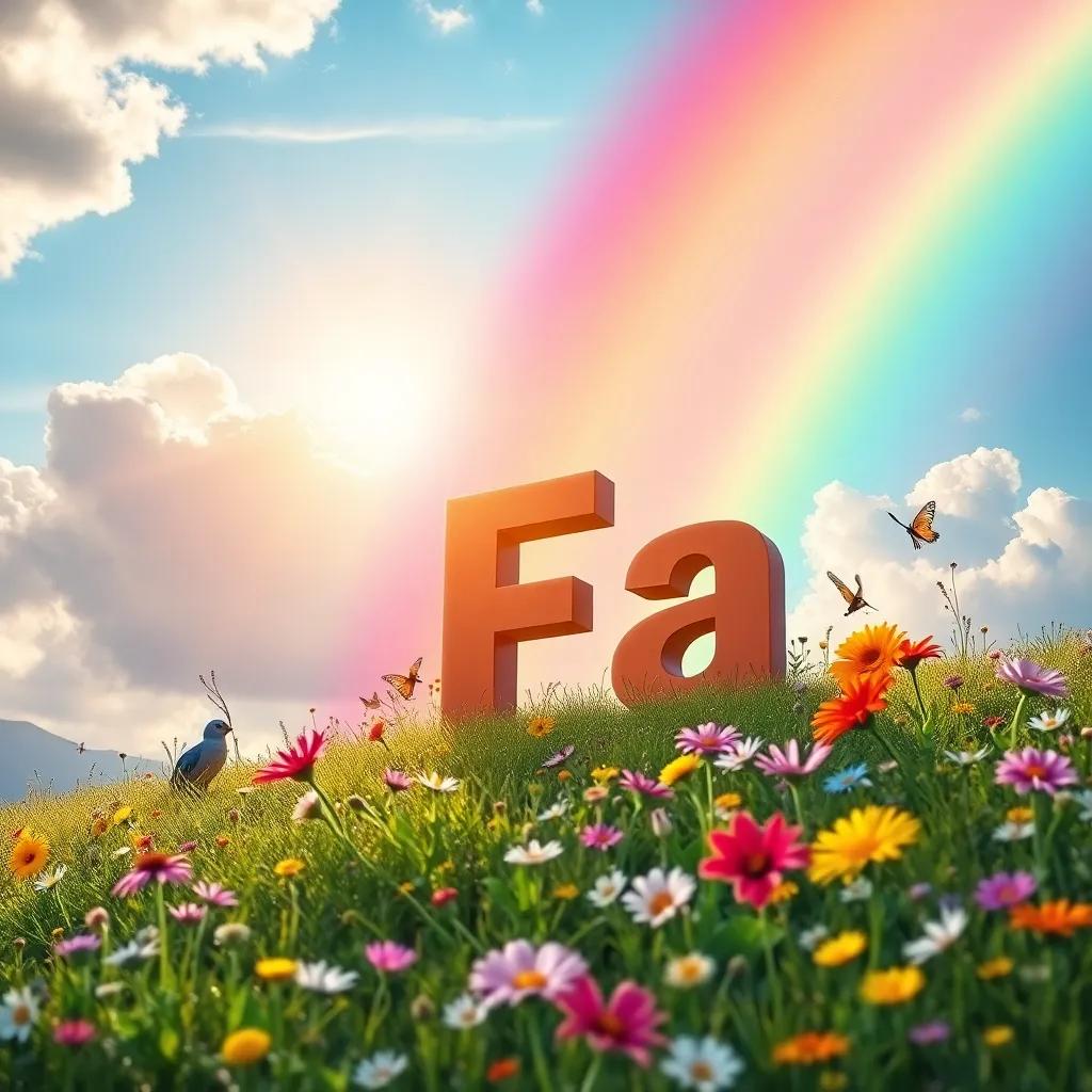 A vibrant rainbow in the sky over a peaceful meadow, with the letter 'Fa' celebrating among the flowers and creatures, beautiful colors, cheerful mood, high quality