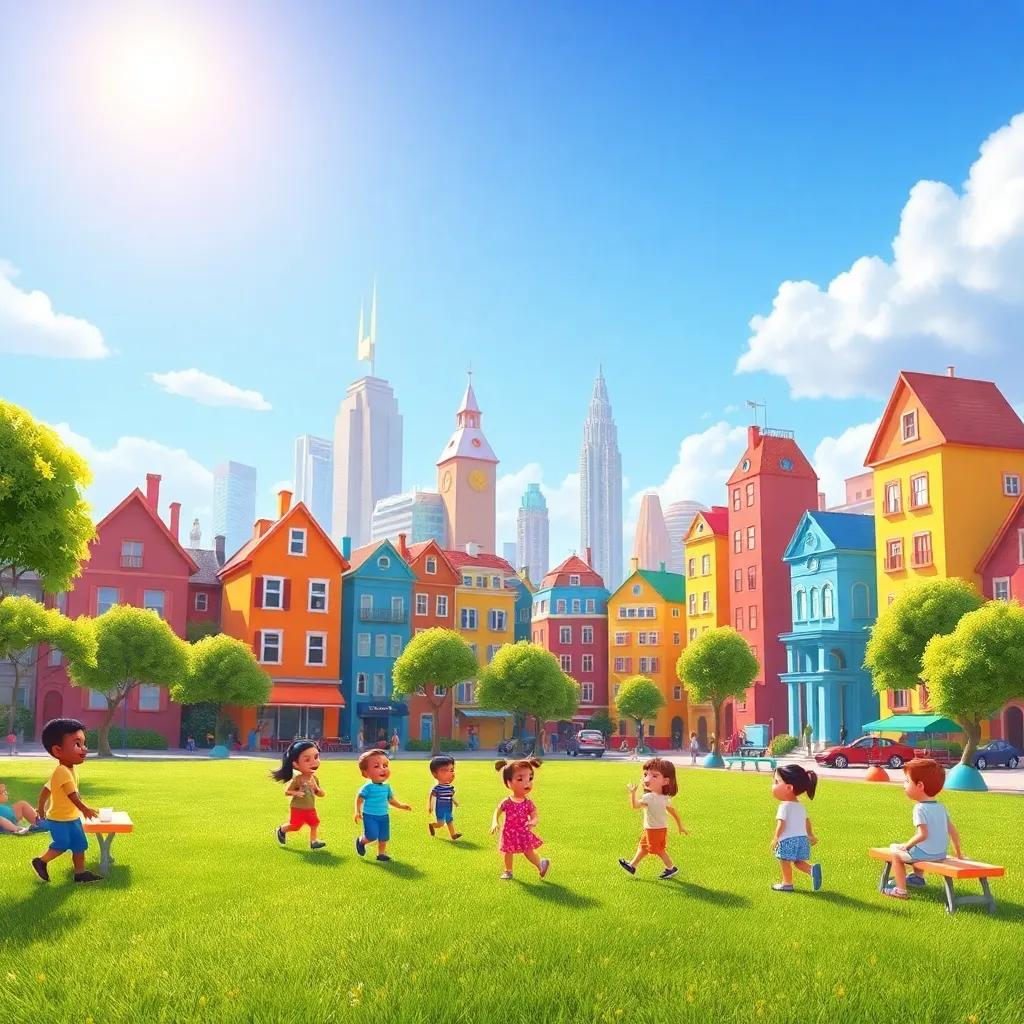 A colorful city with children playing in a park, bright sun shining, joyful atmosphere, digital art, warm colors, cheerful mood, high quality