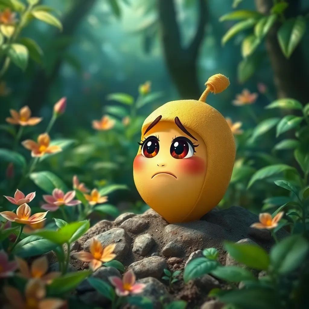 A small seed of hope with a worried expression, in a lush green forest, vibrant plants all around, digital painting, hopeful, vivid colors, high quality