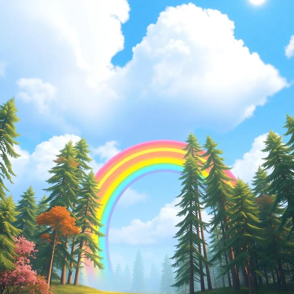 A colorful rainbow speaking to the seed of hope, surrounded by tall trees, bright colors, cheerful, fantasy style, high quality