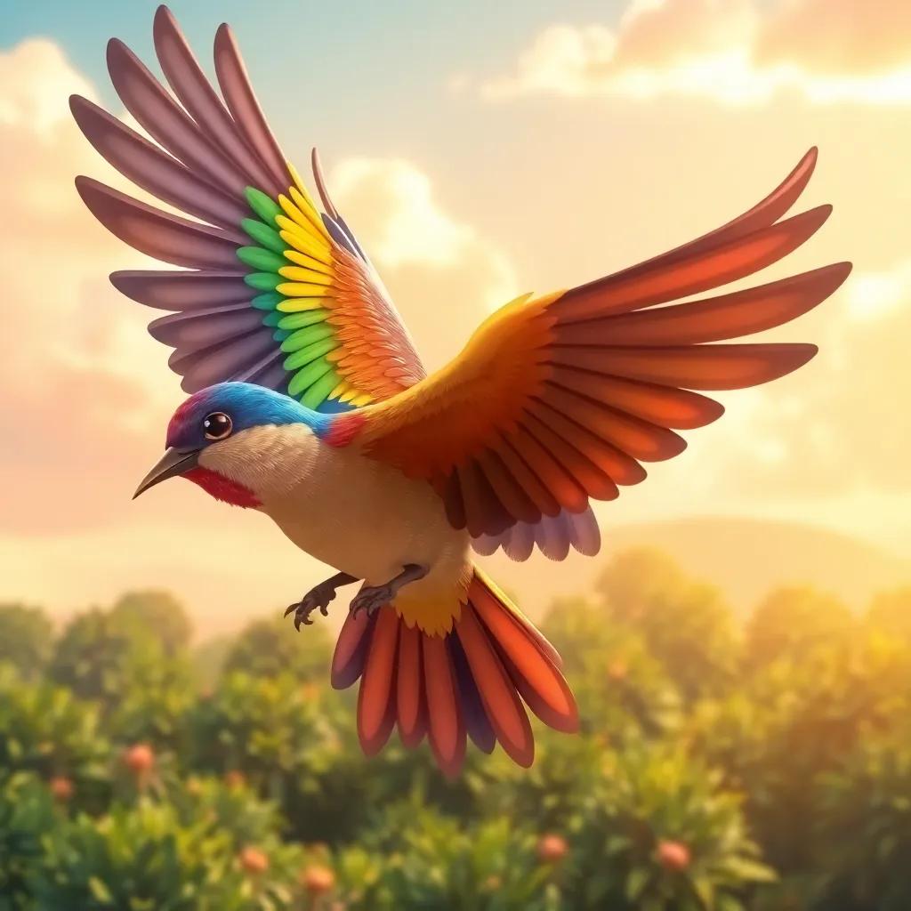 A beautiful bird flying with colorful feathers, lush greenery below, sunny sky, vibrant and cheerful, digital illustration, high quality