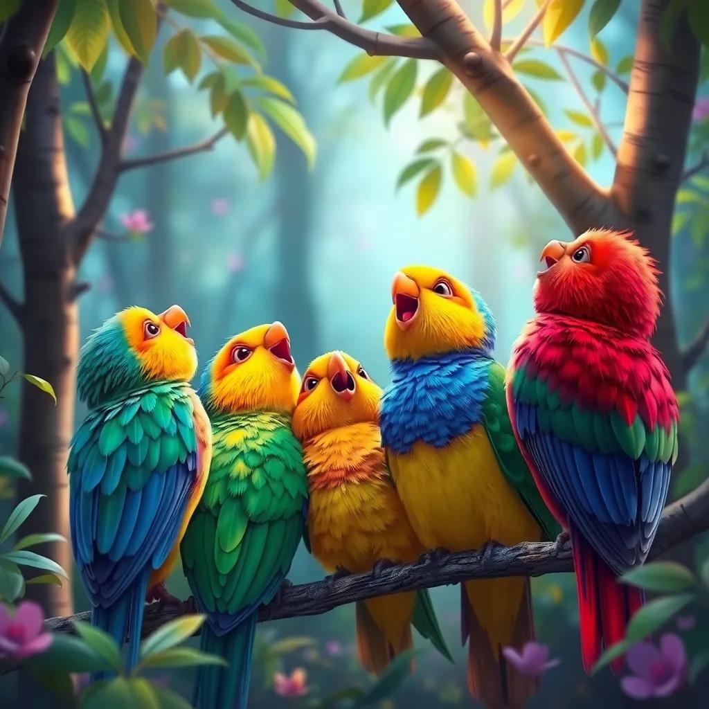 Colorful birds singing together in the forest, joyful and harmonious atmosphere, bright colors, digital painting, fantasy style, high quality