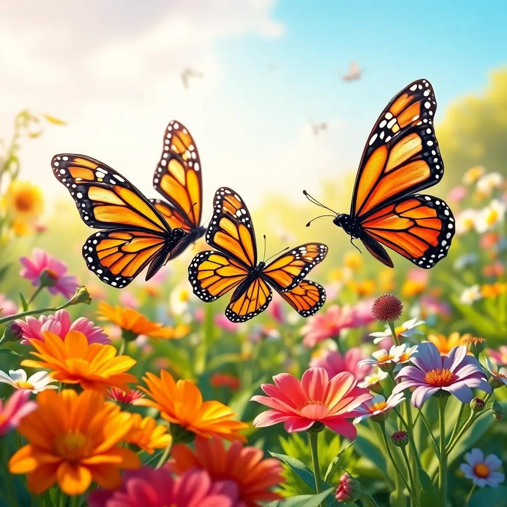 A group of butterflies leading the seed of hope, in a beautiful flower garden, vibrant and colorful, idyllic setting, high quality