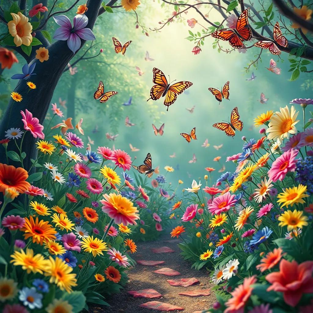 A secret place filled with various colorful flowers, butterflies flying around, magical and enchanting atmosphere, digital art, vivid colors, high quality