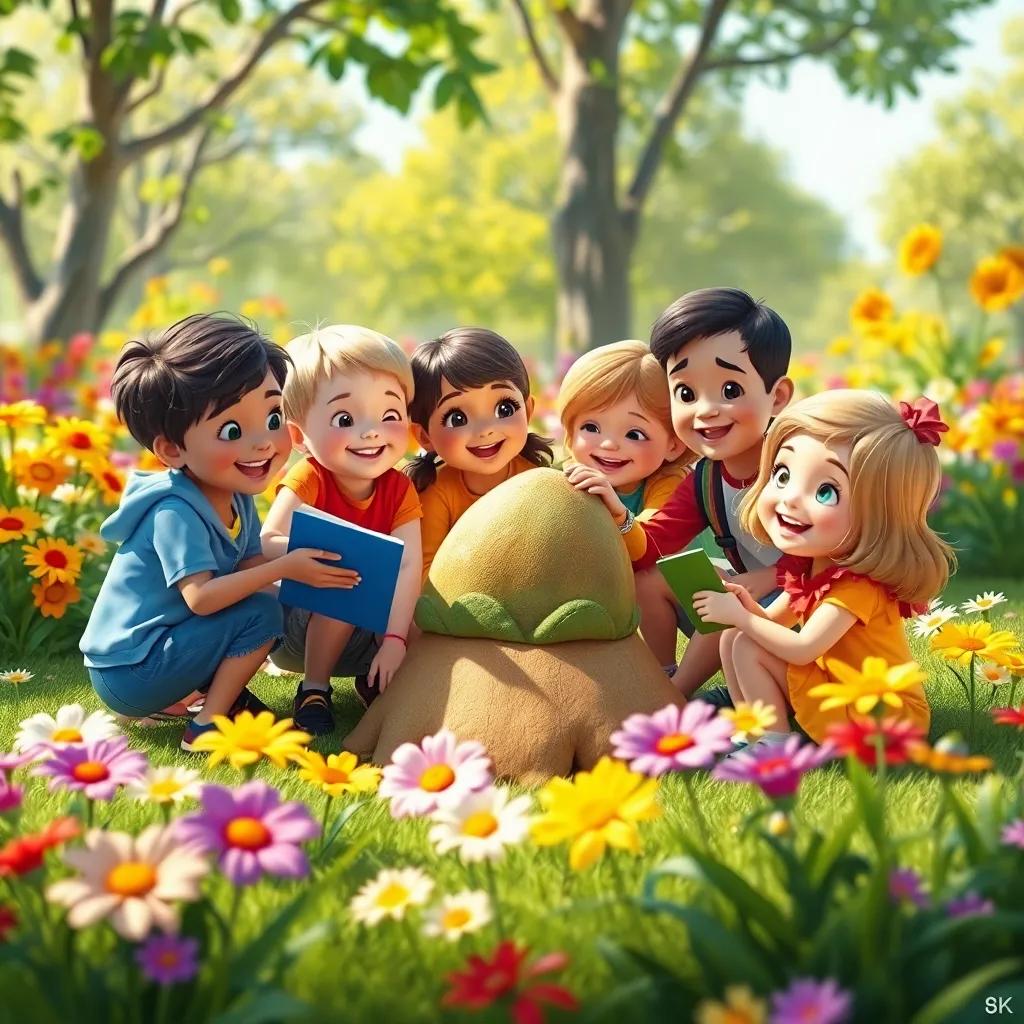 A happy group of children gathered around the seed of hope, sharing stories in a vibrant park, colorful flowers around, joyful environment, digital art, high quality