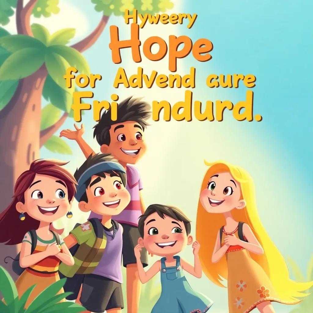 An illustration showing an adventure of hope and friendship, all characters smiling and enjoying the moment, colorful and lively, high quality