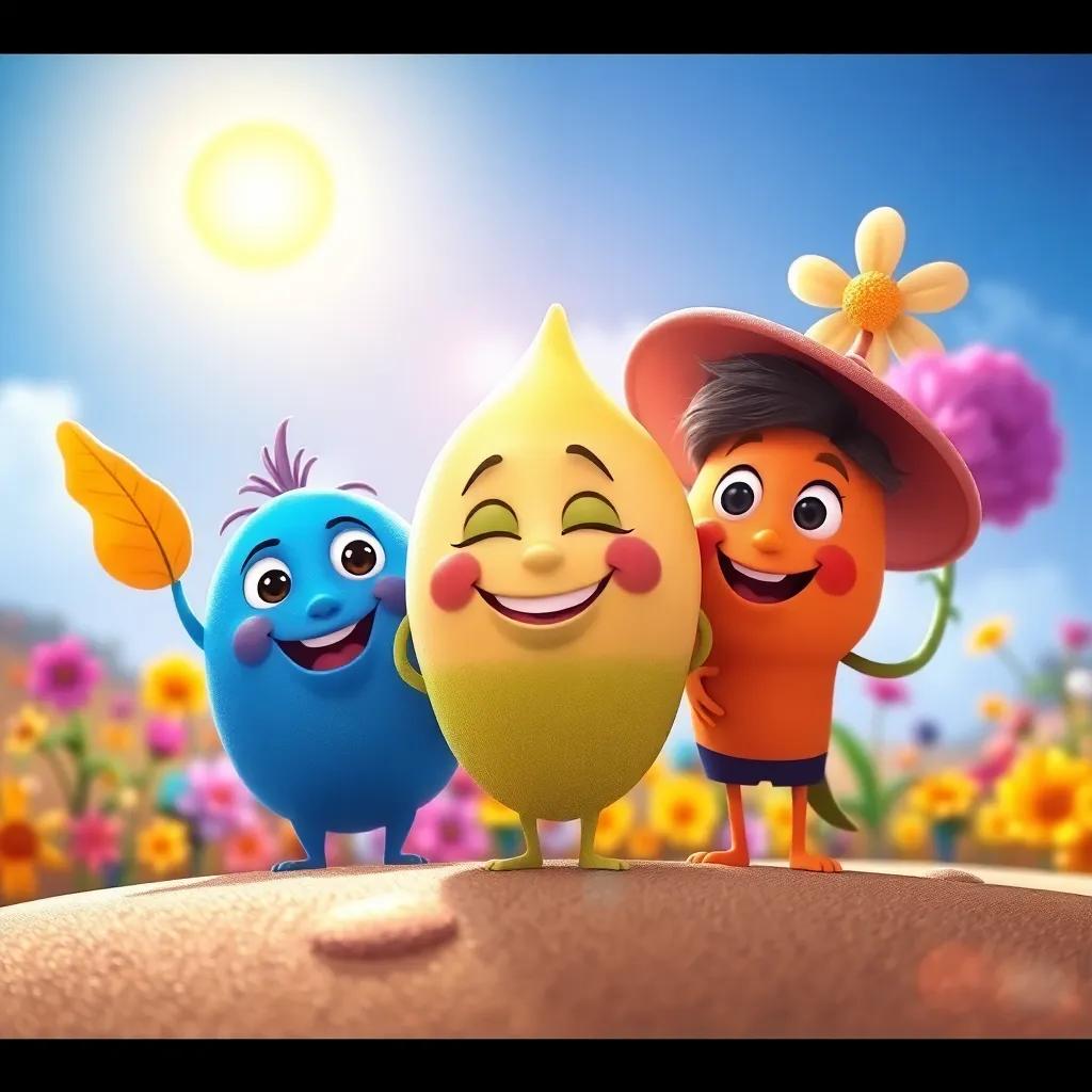 The seed of hope smiling with its friends, colorful background, and a bright sun shining, cheerful scene, high quality