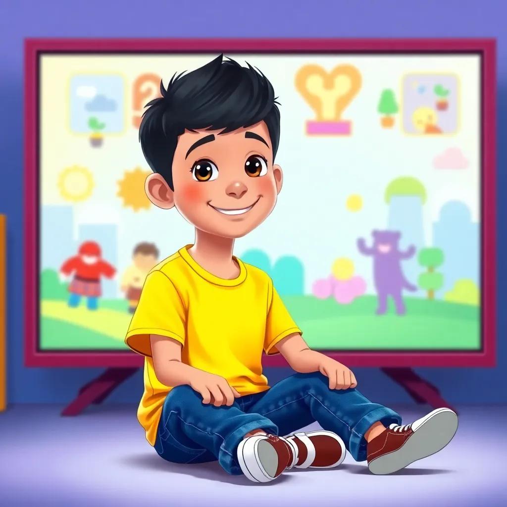 A young Arab boy, Sami, with short black hair wearing a bright t-shirt and jeans, sitting in front of a colorful screen with fun graphics, cheerful expression, digital illustration, vibrant colors, inviting atmosphere, high quality