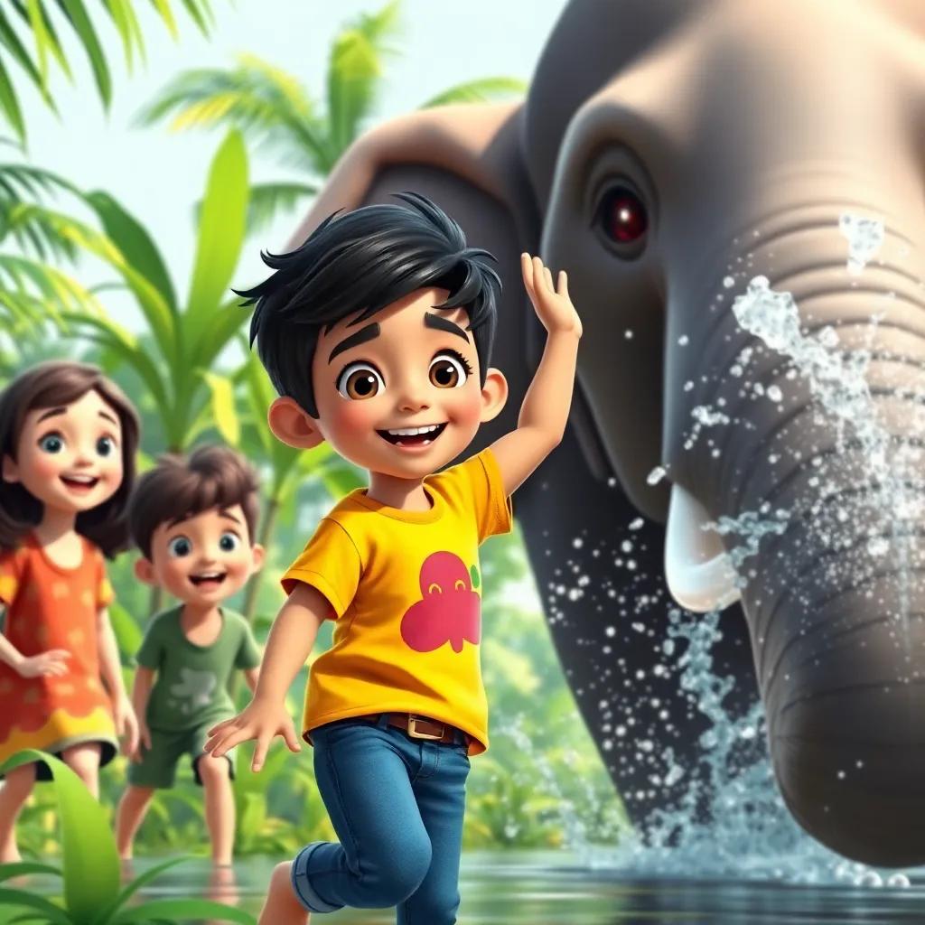 A young Arab boy, Sami, with short black hair, wearing a bright t-shirt and jeans, playing with friends in a green jungle, excited faces, a big elephant splashing water, child-friendly, colorful scene, joyful spirit, high quality