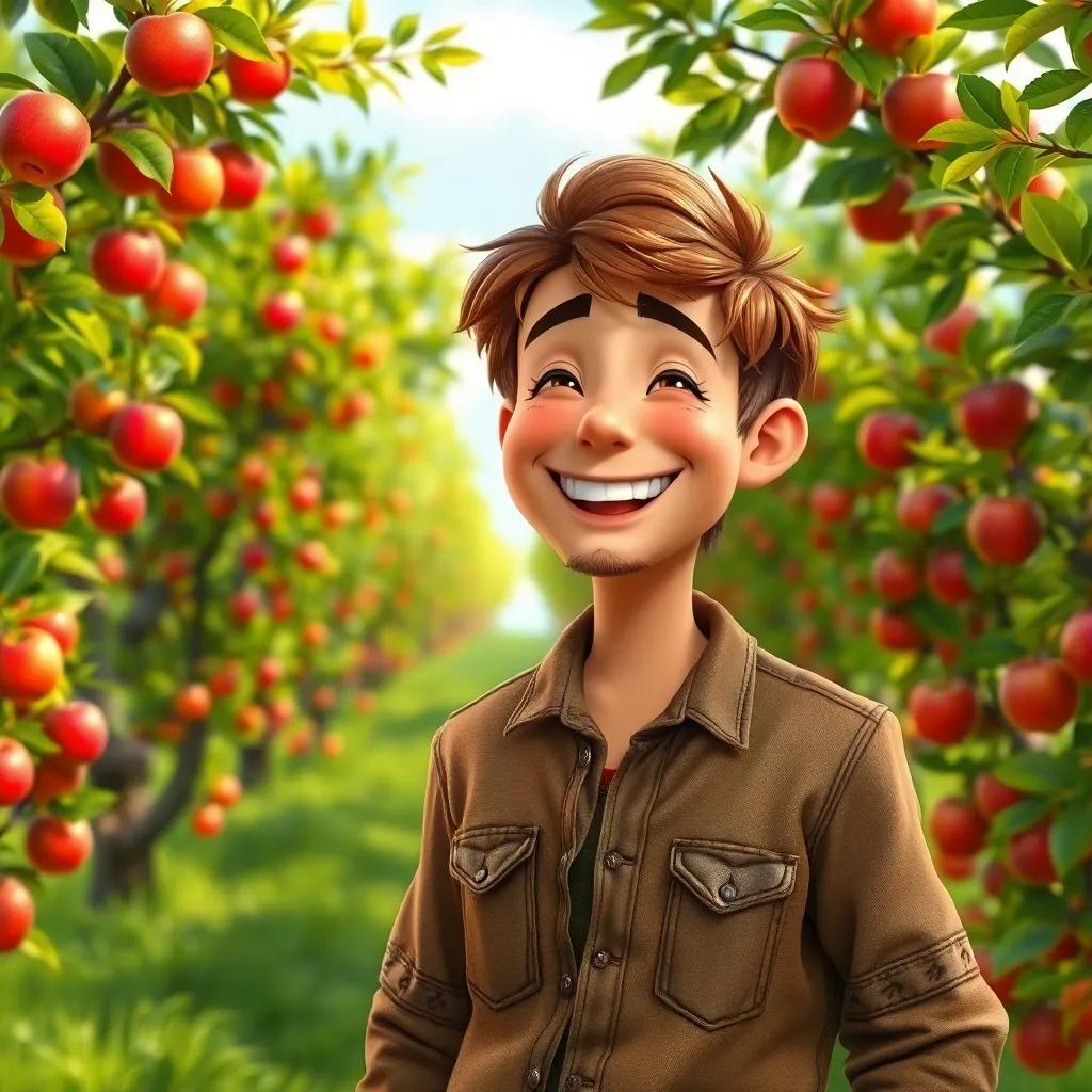 A poor farmer named Sami, with short brown hair and a worn-out shirt, smiling widely while standing in an apple orchard with lush green trees and ripe apples, digital art, vibrant colors, cheerful atmosphere, high quality