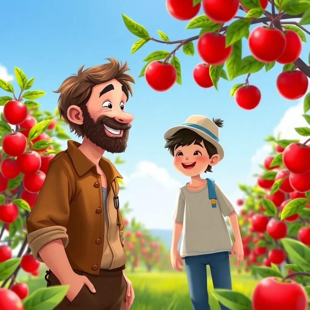 Sami, a poor farmer with short brown hair and a worn-out shirt, interacting with a happy stranger in the apple orchard, surrounded by vibrant red apples and a bright blue sky, illustration, engaging, friendly vibe, child-friendly