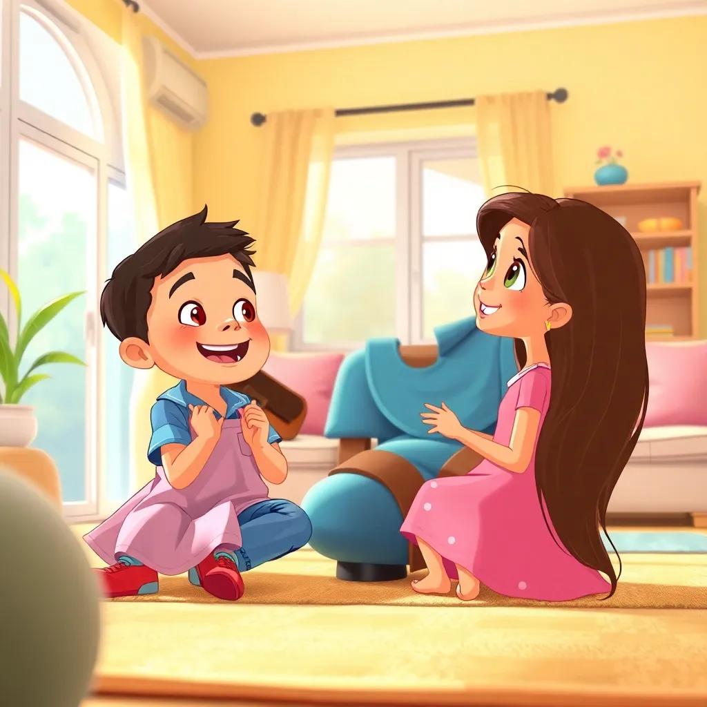 A happy boy, Ahmed, with short black hair, wearing a blue shirt and jeans, sitting with his beautiful sister, Marah, with long brown hair, wearing a pink dress, both excitedly looking at their mother in a sunny living room, bright and cheerful atmosphere, illustration, colorful, child-friendly, close-up view