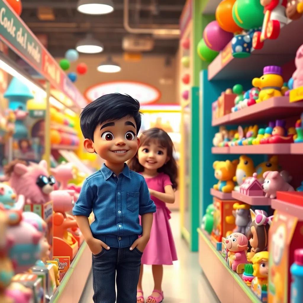 Ahmed, a young boy with short black hair in a blue shirt and jeans, and his sister Marah, wearing a pink dress, browsing colorful toys at a store, surrounded by cheerful displays, warm lighting, vibrant colors, joyful scene, digital art, high quality.