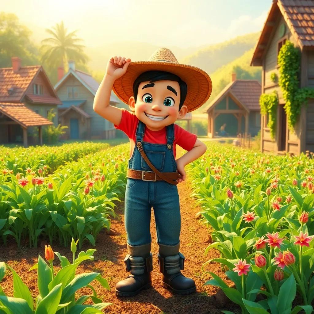 A hardworking farmer in a small village, standing proudly in his field surrounded by crops, bright sunshine, cheerful atmosphere, digital art, vibrant colors, focused, high quality