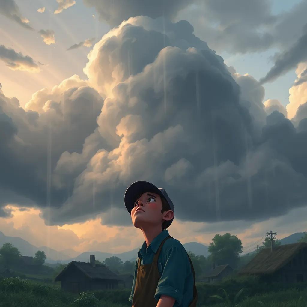 Dark clouds hovering over the village with anxious farmer looking up hoping for rain, worried expression, dramatic sky, digital illustration, emotional, contrasting colors, high quality