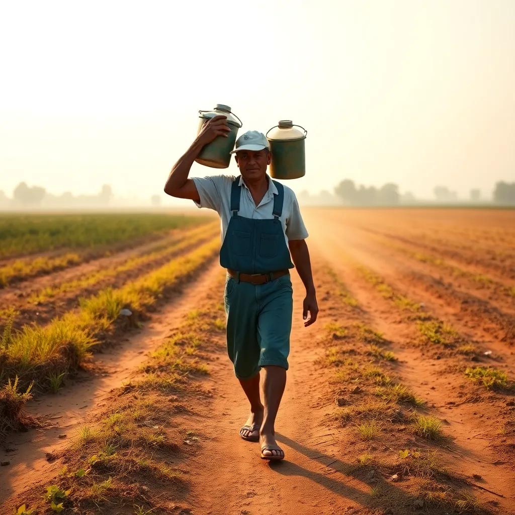 Farmer with buckets of water on his shoulders, walking determinedly to his field, dusty path, early morning light, realistic, inspirational scene, high quality
