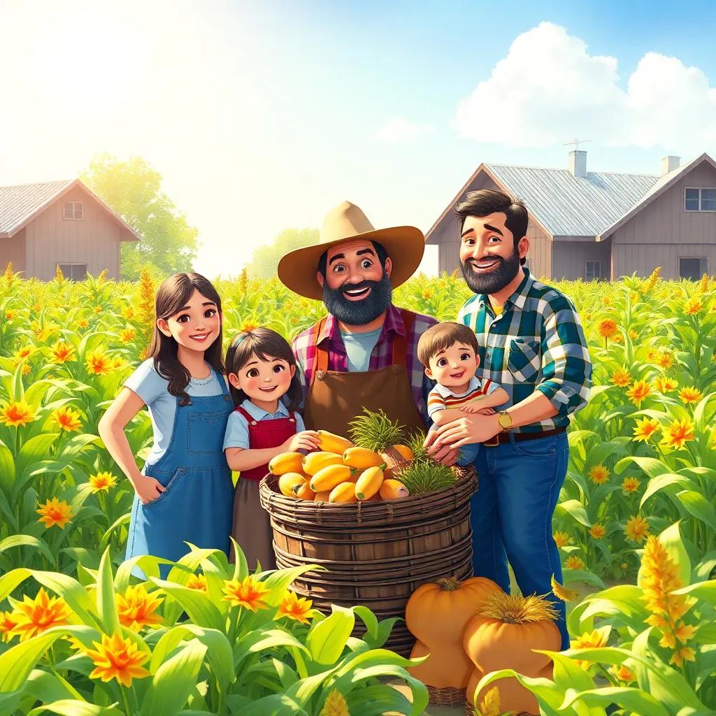 A sunny afternoon with the farmer surrounded by thriving crops, family smiling nearby, joyful celebration of harvest, colorful, heartwarming, digital painting, high quality