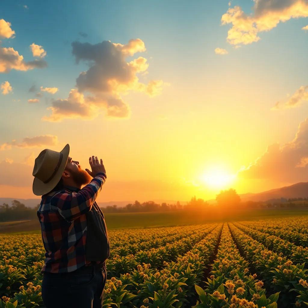 The farmer expressing gratitude towards the sky under a beautiful sunset, with thriving land behind him, symbolizing hope and perseverance, warm light, uplifting imagery, high quality