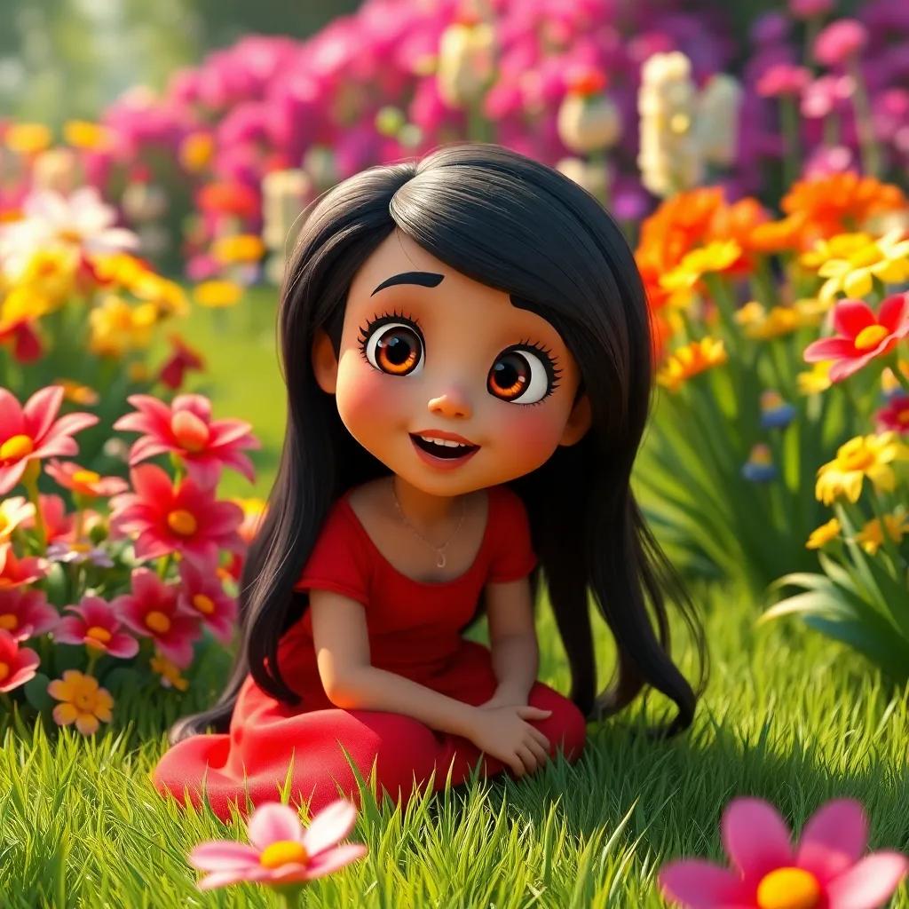 A beautiful garden filled with colorful flowers, a young Arab girl, Fella, with long black hair wearing a bright red dress, sitting on the grass, looking surprised and happy, digital art, vibrant colors, warm sunlight, cheerful atmosphere, high quality